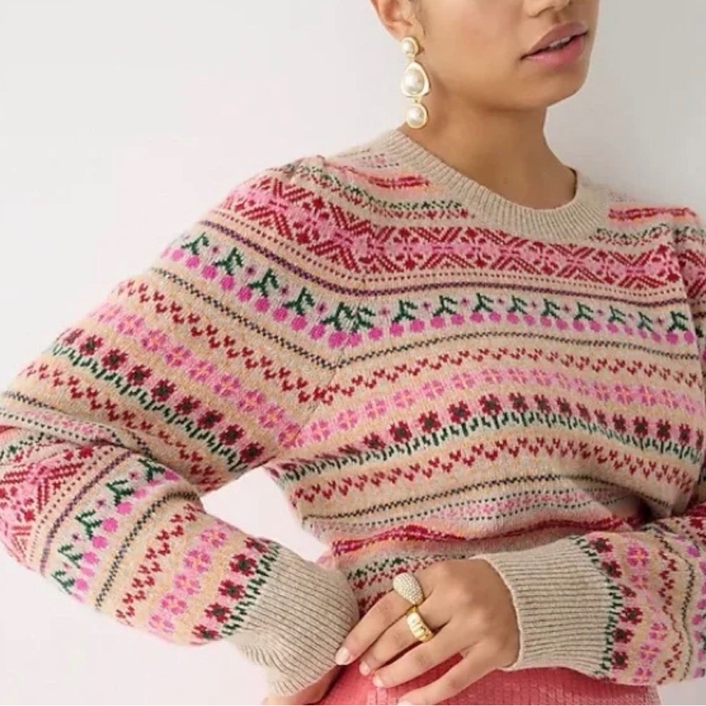 J. Crew Cream Fair Isle Crewneck Sweater with Pink, Red & Green Accents - Picture 5 of 9